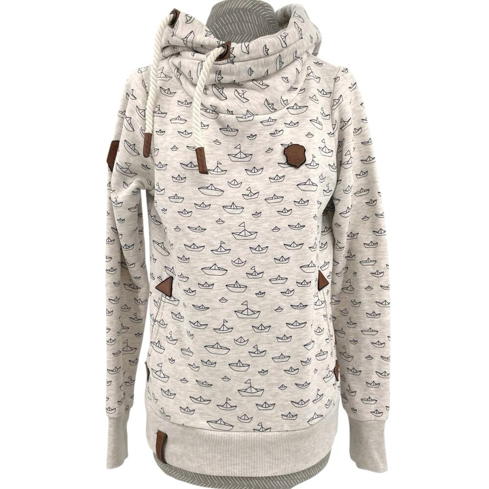 Naketano Paper Sailboats Hoodie Cream Nautical Chunky Cowl Neck Cozy Warm Size M
